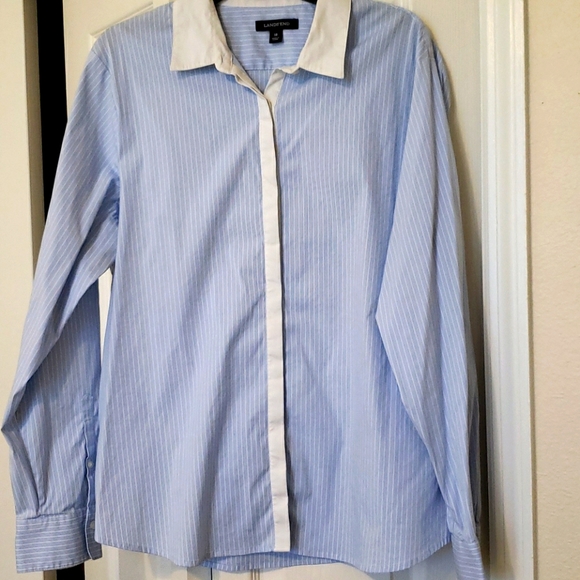 Lands End Pale blue/ White pinstripe blouse/ Sz 18